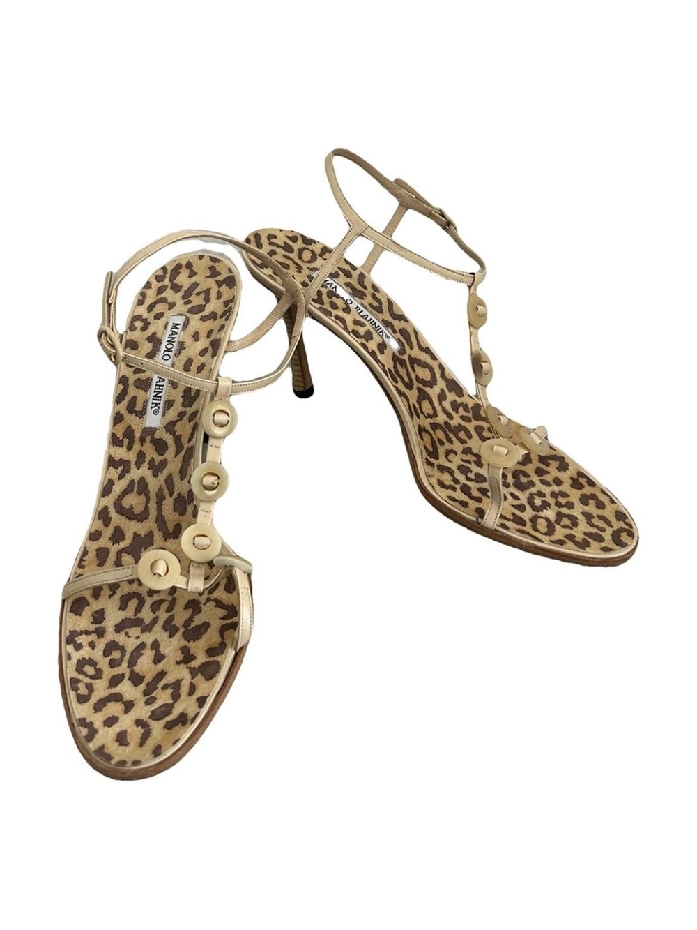 Vintage Manolo blahnik heels with button t strap and leopard base